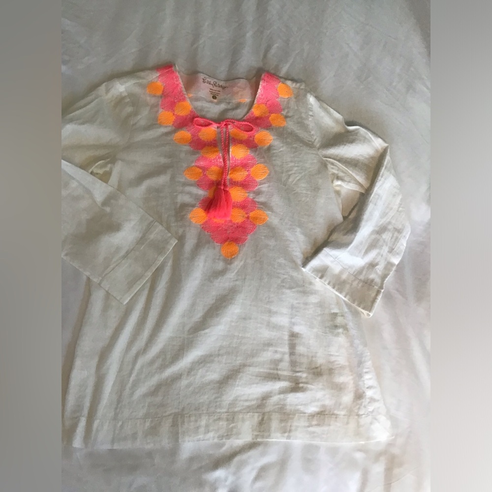 Lilly Pulitzer White Tunic Top with Neon Pink & Neon Orange Embroidered Details